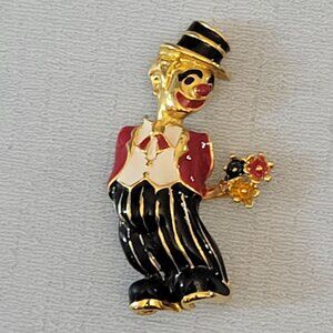 Vintage Jomaz Mazer Signed Gold-Tone Clown Brooch With Black & Red Enamel Accent